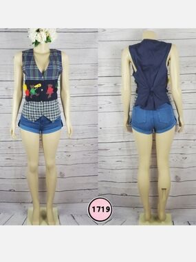 Navy Plaid Patchwork Sleeveless Vest Top